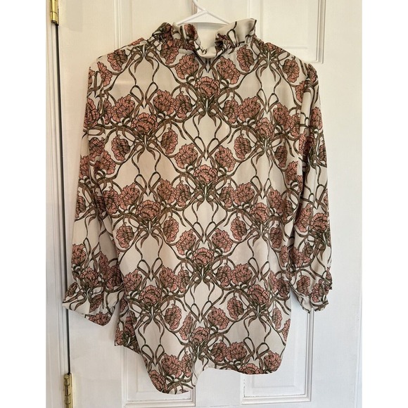 Banana Republic Women’s Pink Green Floral Ruffle 3/4 Sleeve Blouse Small Petite - Picture 7 of 14